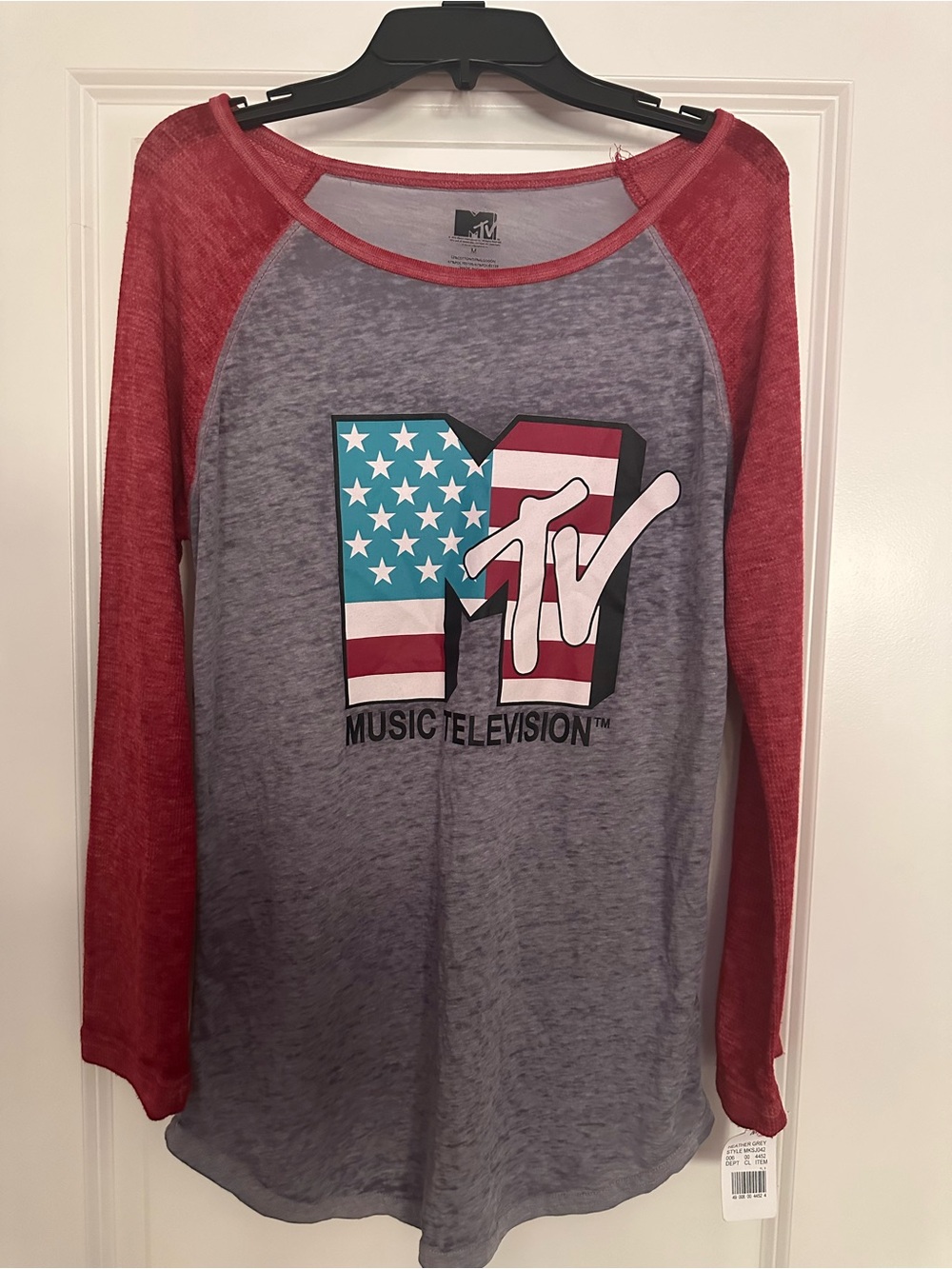 MTV Grey & Red Raglan Long Sleeve Tee with American Flag Logo